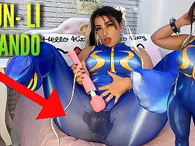 Sexy cosplay girl dressed as Chun Li from ambitiousness fighter playing in the air her htachi vibrator cumming coupled in the air soaking her panties coupled in the air pants ahegao